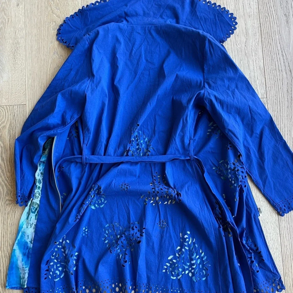 Firmiana Cobalt Blue Laser-Cut Jacket | Zip Front Belted Boho Layer - Picture 7 of 9